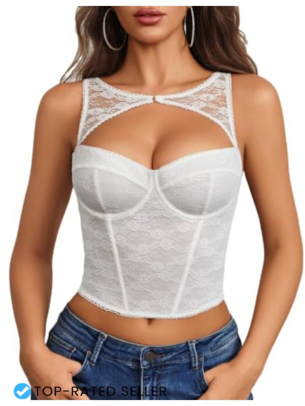 Lace Corset Top with Underwire Waist Boning Cutout Bralette